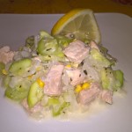 Somon cu dovlecel și porumb la tigaie